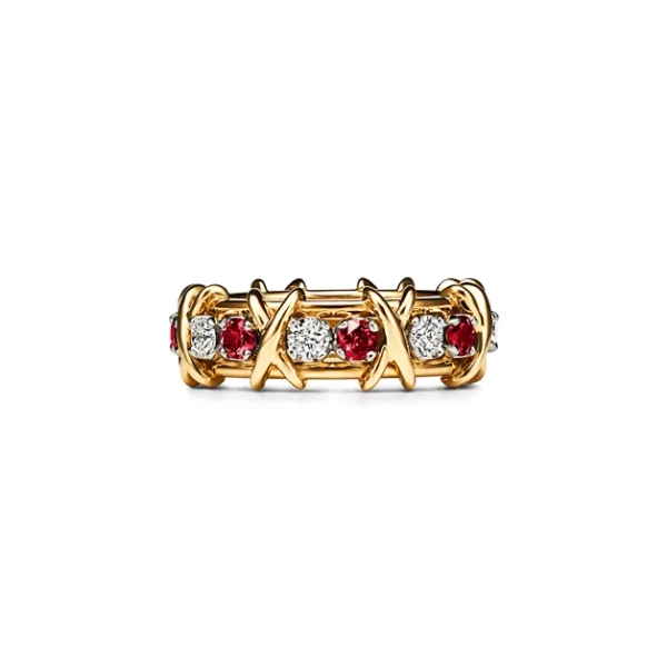 Sixteen Stone by Tiffany Ring in Yellow Gold & Platinum with Diamonds and Rubies
