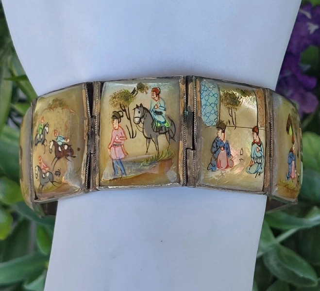 Brățară Art Deco persană, "story teller", din metal argintat, cu sidef natural pictat manual, :: Art-deco-arad