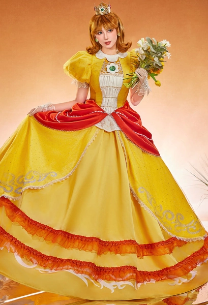 Premium Edition Princess Daisy Cosplay Costume Dress with Gloves and Sleeves