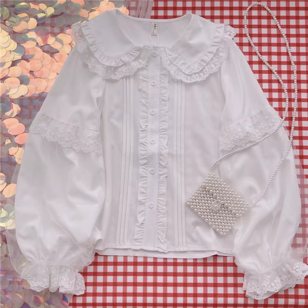 Lolita Shirt White Elegant Women Preppy Style Blouses Cute Peter Pan Collar Lace Ruffle JK Shirts Girls Long Sleeve Blusas Mujer - AliExpress 200000345