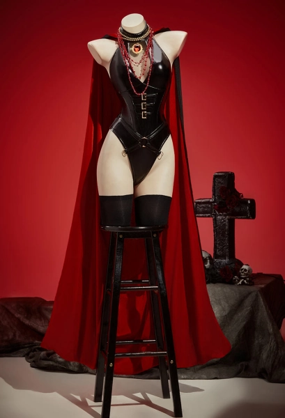 Dark Shadow Gothic Black Sexy Suit Cutout Bodysuit with Long Cape and Necklace