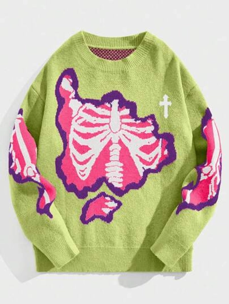 ROMWE MEN Street Life Men's Crew Neck Long Sleeve Skeleton Pattern Casual Pullover Sweater, Halloween, For Fall Winter, Grunge Style