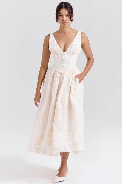 Emmelina Vintage Ivory Floral Embroidered Corset Sundress