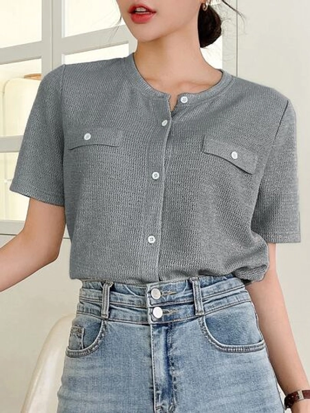 DAZY Button Front Flap Detail Tee