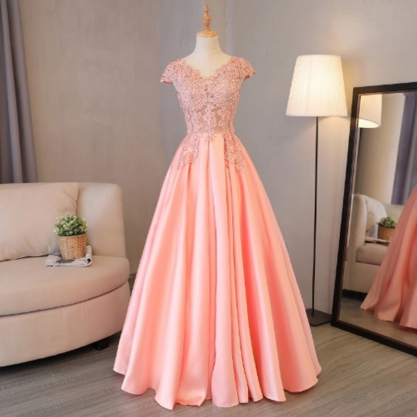 Lace Appliques Pink Evening Dresses V Neck Sleeveless Pleated Gown Party Dress