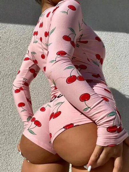 INAWLY Combinaison longue manches femme avec boutons et imprimé cerises, plissée, avec charme et allure sexy