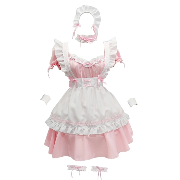 Lolita Maid Uniforms Lolita Cute Dress Women's Japanese Cosplay Costumes Light Pink / Red / Light Blue Solid Color Short Sleeve Short / Mini / Apron /