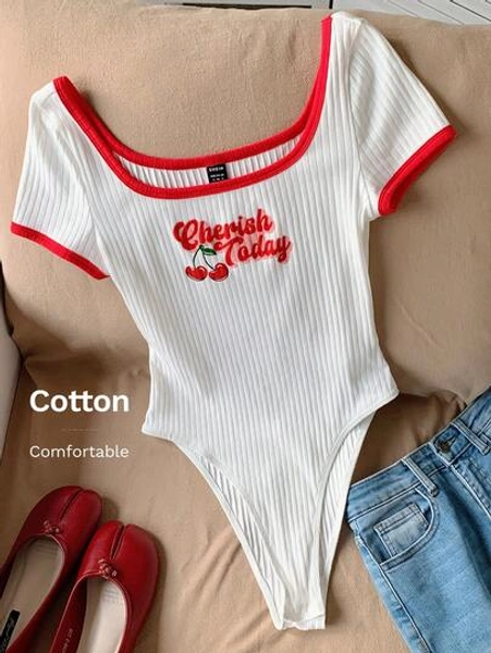 Comfortcana Summer Casual Red And White Fruit Printed Bodysuit For Women Valentine's Day