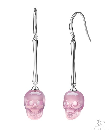  Rose Quartz Hand Carved Crystal Skull Earrings, Skull Jewelry