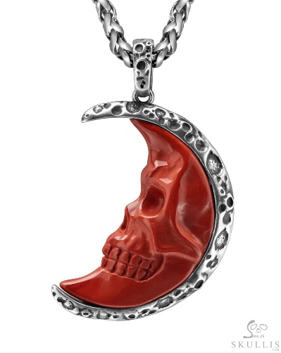 Necklace of 1.3" Red Jasper Hand Carved Moon Crystal Skull Pendant, Skull Jewelry