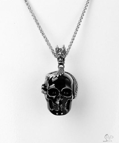 Gem Skull Pendant Necklace of Black Obsidian Carved Skull with Dragon in 925 Sterling Silver
