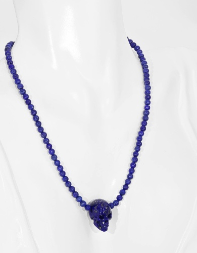 All Gemstone Lapis Lazuli Necklace- Lapis Lazuli Carved Crystal Skull with Lapis Lazuli Beads Chain