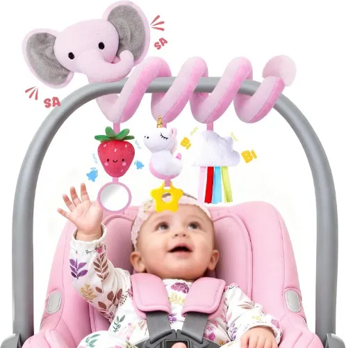 Spiral Car Seat Toys for Baby Girls 0-6 Months, Perfect Newborn Gifts for Girls Essentials, Cute Pink Elephant Strawberry Hanging Plush Items - Pink Elephant
