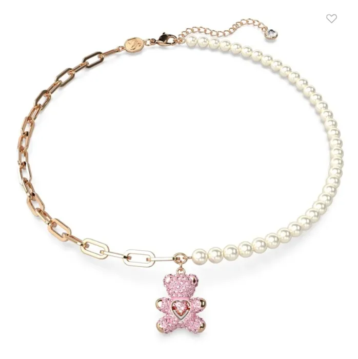 Colgante Teddy, Perla de cristal, Oso, Rosa, Acabado en tono oro rosa