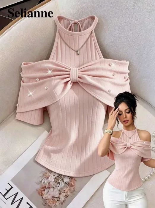 Selianne Camiseta elegante de mujer con textura de tela de burbuja con lazo en el cuello halter