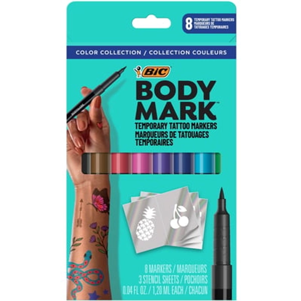 BIC BodyMark Temporary Tattoo Markers for Skin, Flexible Brush Tip, 8CT AST