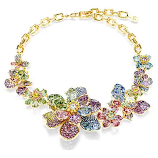Collier Idyllia, Tailles variées, Pavé, Fleur, Multicolore, Placage de ton or