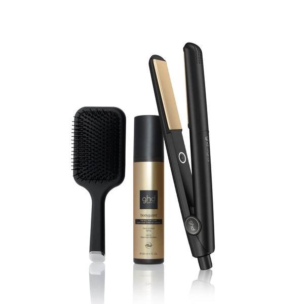 GHD ORIGINAL HAIR STRAIGHTENER BUNDLE SET IN BLACK WITH PADDLE BRUSH