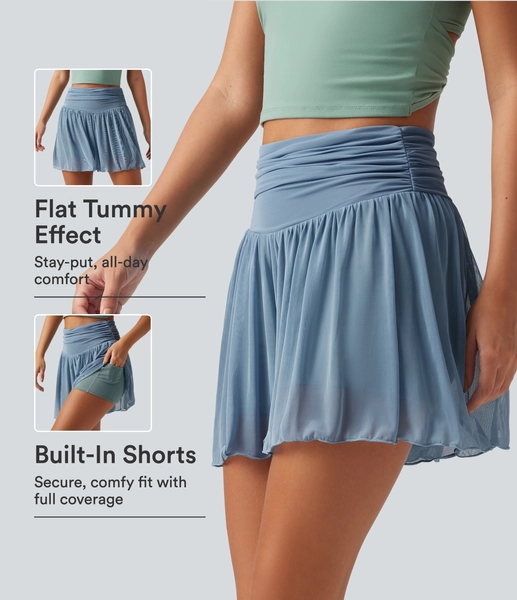 XS Stormy Sea High Waisted Ruched Tummy Control Contrast Mesh 2-in-1 Casual Shorts 3\" with Pockets