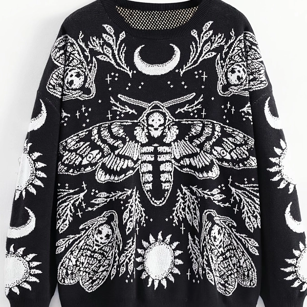 Gu * Mystery Heart Oversized Sweater with Insect Sun and Moon Pattern