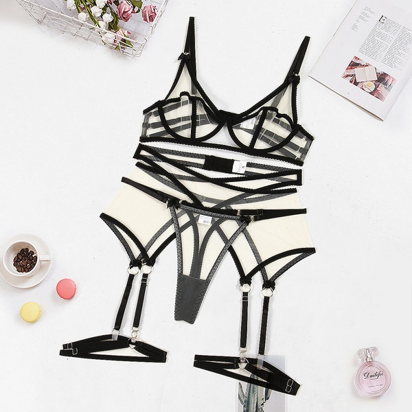 Luxallacki Strappy Sheer Mesh Bra Thong Garter Belt Leg Ring Lingerie Set