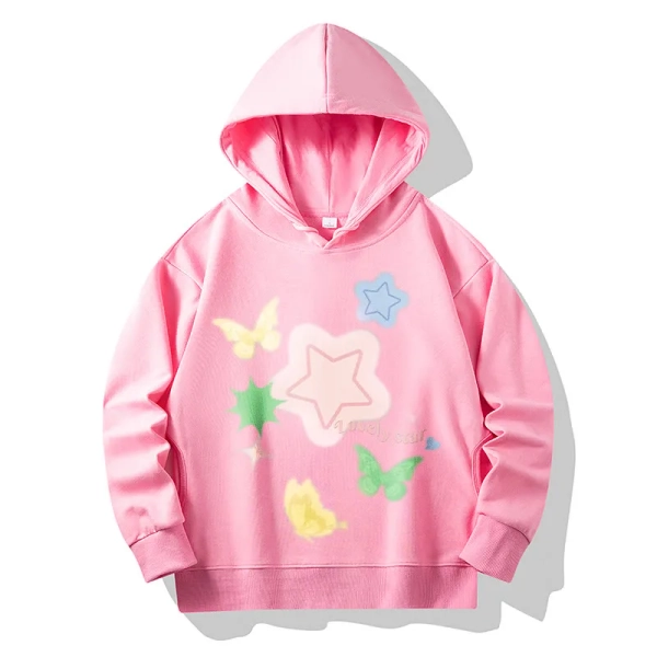 Star Butterfly Letter Print Cotton Hoodie with Side Pockets