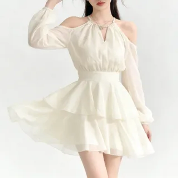 Long-Sleeve Cold Shoulder Plain Keyhole Ruffle Mini A-Line Dress