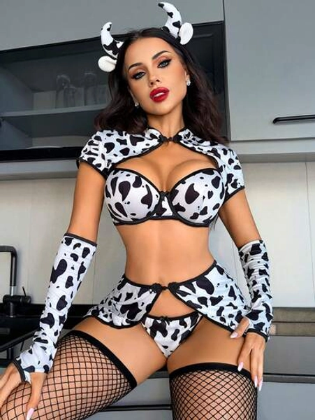 6pcs Sexy Lingerie Set, Including Mandarin Collar Shirt, Underwire Bra (With Bow Decor On Bust And Waist), Apron, And Bow Accent Panty Set - Size S
