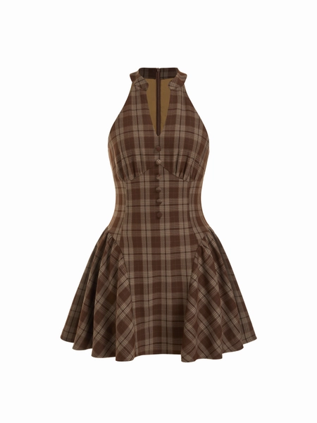 Plaid Halter V-neck Ruffle Mini Dress