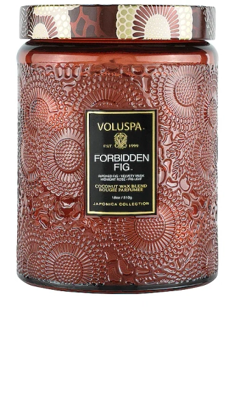 Voluspa Forbidden Fig Small Jar Candle in Metallic Bronze.