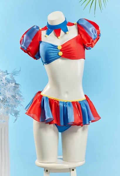 TADC Clown Girl Derivative Two-piece Swimsuit Red and Blue Patchwork Puff-sleeved Top and Skirted Bottom with Collar