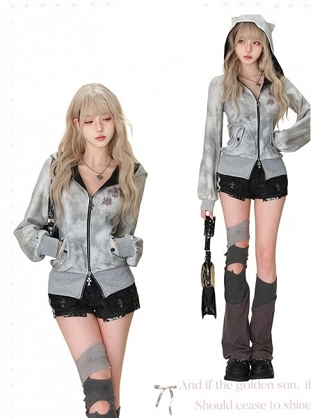 Gyaru Gothic Double Zipper Gray Long Sleeve Hoodie with Kitty Ears Hood