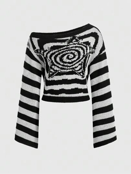 ROMWE Grunge Punk Suéter feminino listrado com gola assimétrica e estampa de estrelas