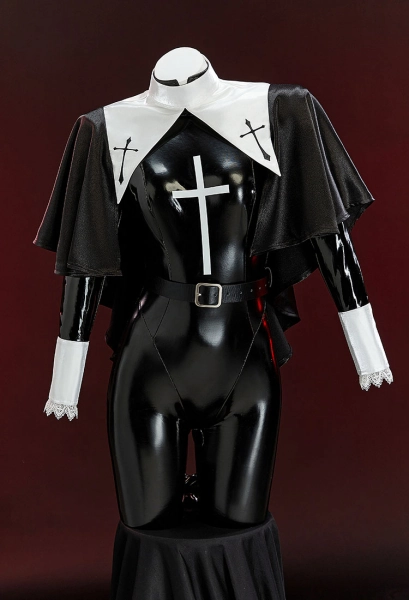 Sexy Cosplay Erotic Nun Suit Black Tight Bodysuit with Shawl and Kerchief
