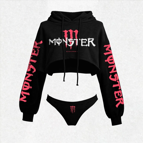 Cyber Energy Claw Printed Women's Cropped Hoodie & Thong Sets