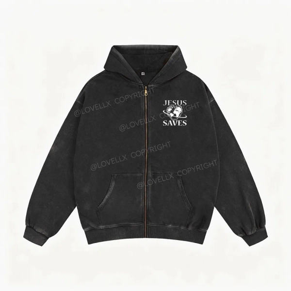 Jesus Saves Unisex Washed Zip-Up Hoodie