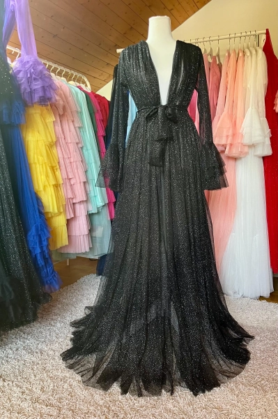 Black Sparkle Tulle Robe: Sheer Glitter Gown, Bell Sleeves