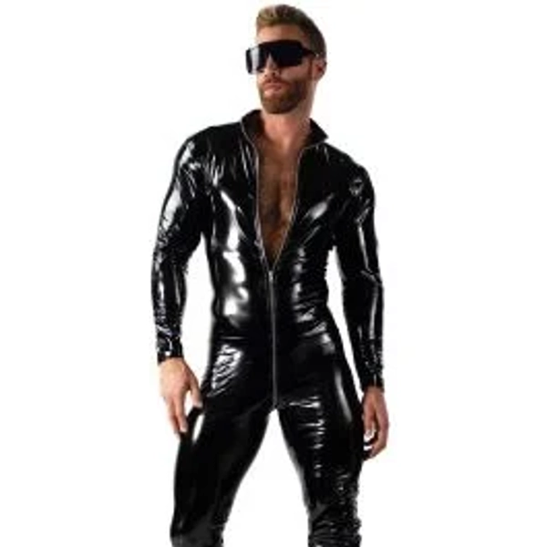 Glossy Black Faux Latex Bodysuit Nytro - Black - Small