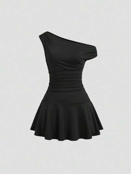 Sweetra Women Elegant Commute Asymmetrical Collar Solid Color Short Dress