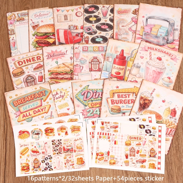 TEMU 86pieces (32papers And 54stickers) Retro 1950s Diner Ephemera Paper Kit, For Scrapbooking Supplies, Journaling Supplies, Handmade Waste Diary,