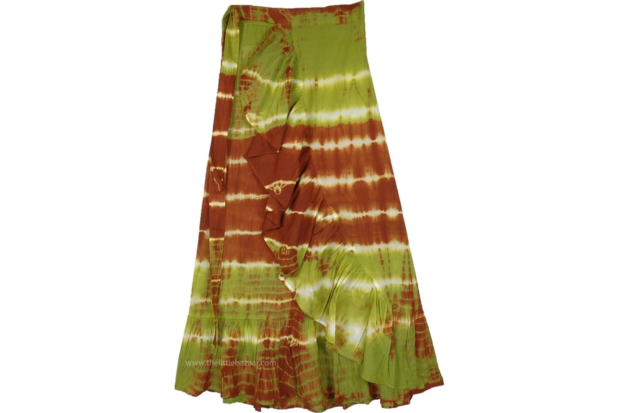 Tie Dye Cotton Maxi Skirt: Boho Frill Wrap, Green Brown