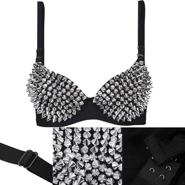 Sexy Rivets Punk Lingerie Underwear,Fashion Metallic Flash Rivet Bra with Wire Free for Women,Nightclub Party Bar Hot Bras