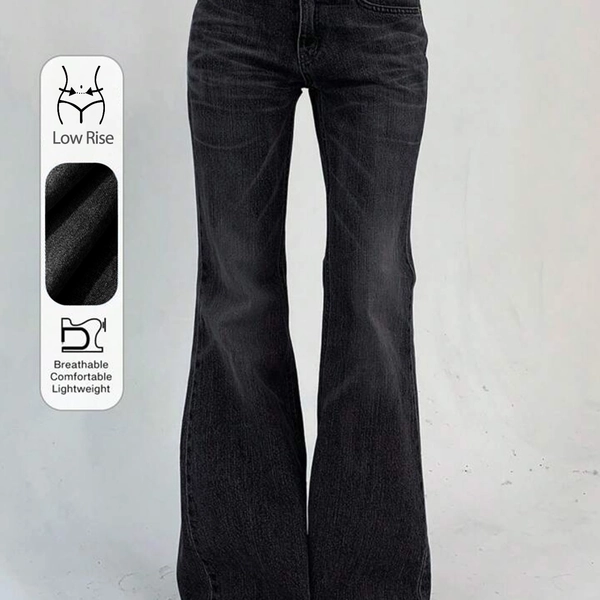 Women's Stretchy Low-Rise Distressed Jeans in Washed BlackNew Flared Pants with Pockets - Chic & Comfortable Denim for All SeasonsPerfect for Travel, Work & Casual Attire