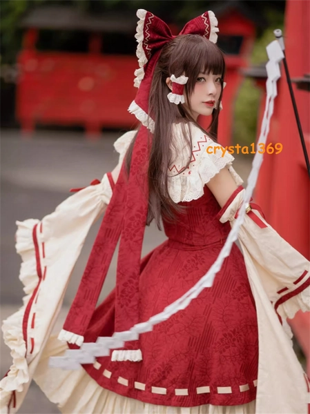 TouHou Project Hakurei Reimu Cosplay Maid Dress Women Costume Red Outfit Suit