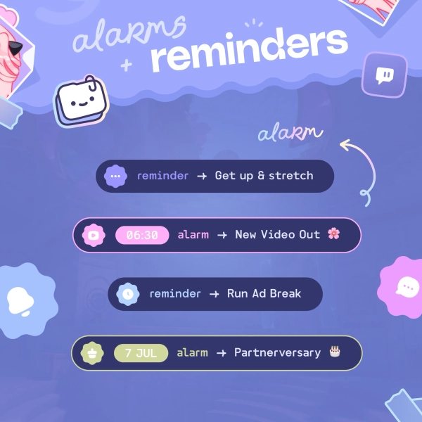 Alarms & Reminders Widget  ⟢  Nanitabs Chatbot  •  Chat commands and Channel rewards  •  Fully Customizable ⟡ Twitch Streamelements OBS by sayonani (@sayonani)