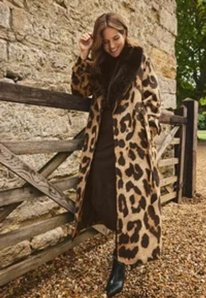 FUR COLLARED WRAP COAT - Trenchcoat - brown leopard