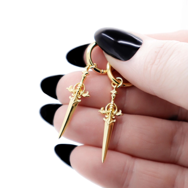 Sword Earrings Gold 14K 925 Silver, Ornament Dangle Dagger Huggie Earrings Gold, Huggie Hoop Earrings with Sword Charm, Gothic Jewelry Gift