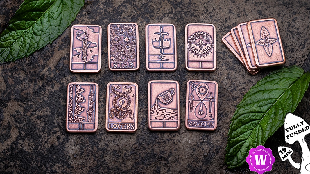 Minted Copper Tarot Coins based on Original Linocut Prints