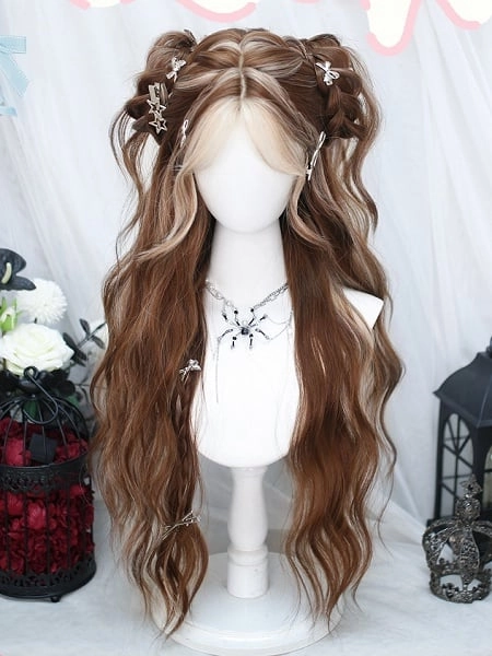 [$21.00]Brown Highlight Long Wavy Synthetic Wig with Curtain Bangs