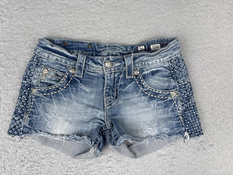 Miss Me Shorts Womens 26 Blue Denim Rhinestone Studded Side Raw Hem JPS826H